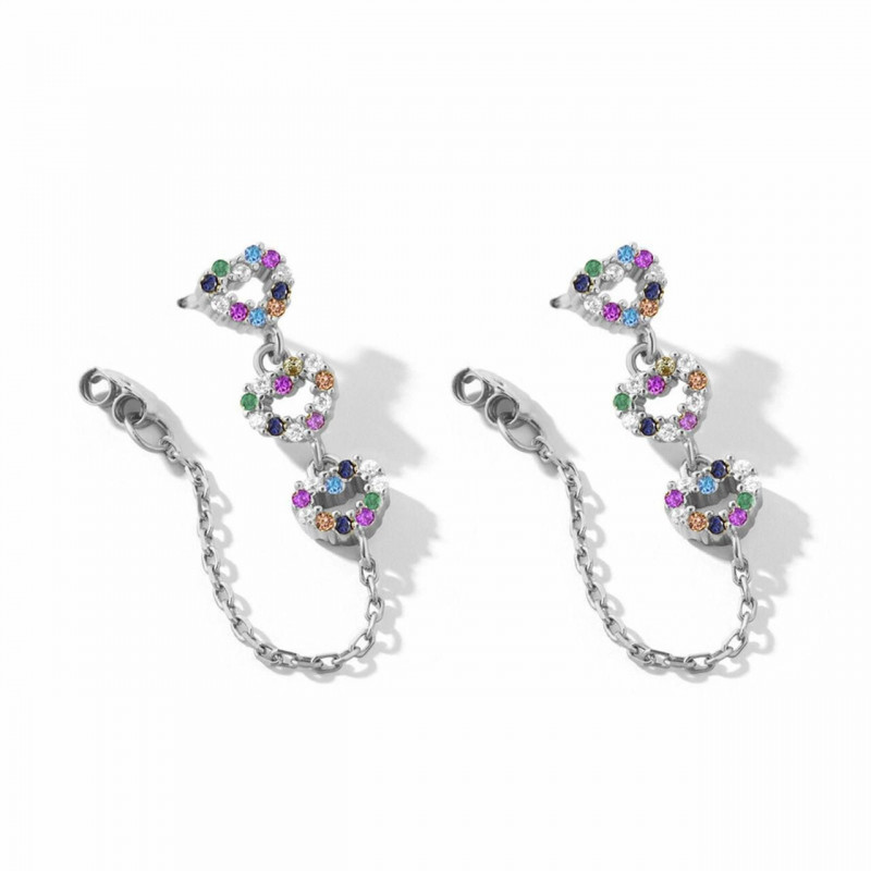 Řetězové náušnice Silver Tone Heart Multicolor Rhinestone 1 pár