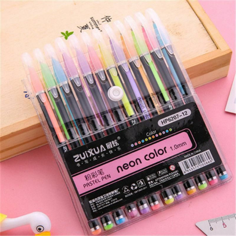 Multicolor-12pcs Plastic 1mm Pastel Neon Color Student Graffiti Painting Gel Pen DIY zápisníku kreslení značení 15. 5x12. 5cm 1