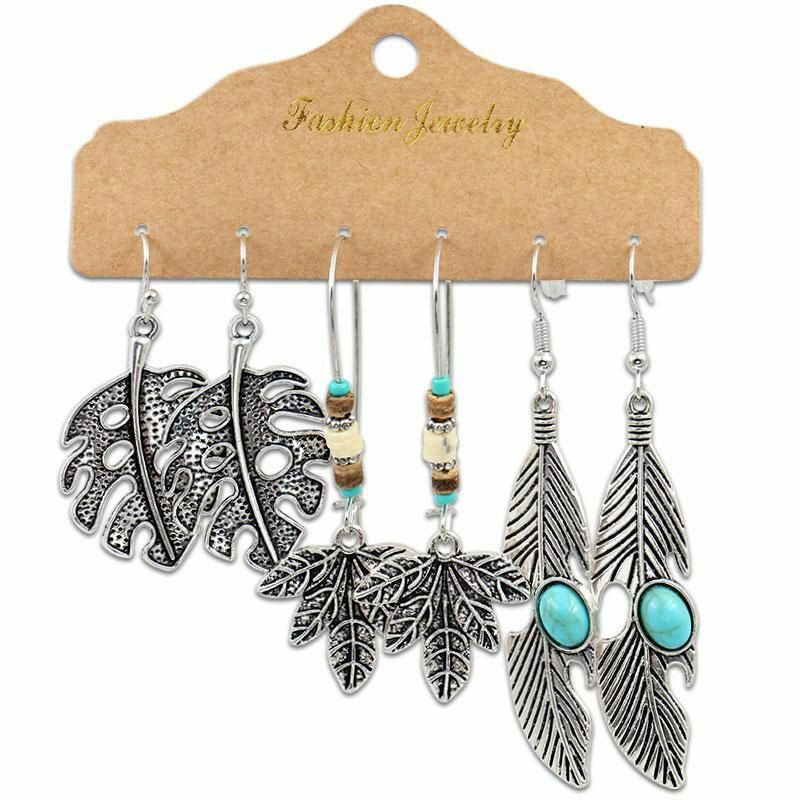 Boho Chic Bohemia náušnice Antique Silver Color Leaf Feather 1 sada (3 páry/Sada), SH037345