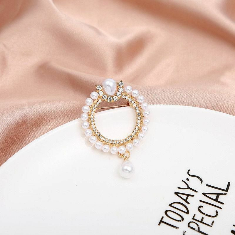 Pin Brooches kruhové prsteny zlaté plátěné bílé imitace Pearl Clear Rhinestone 1 kus