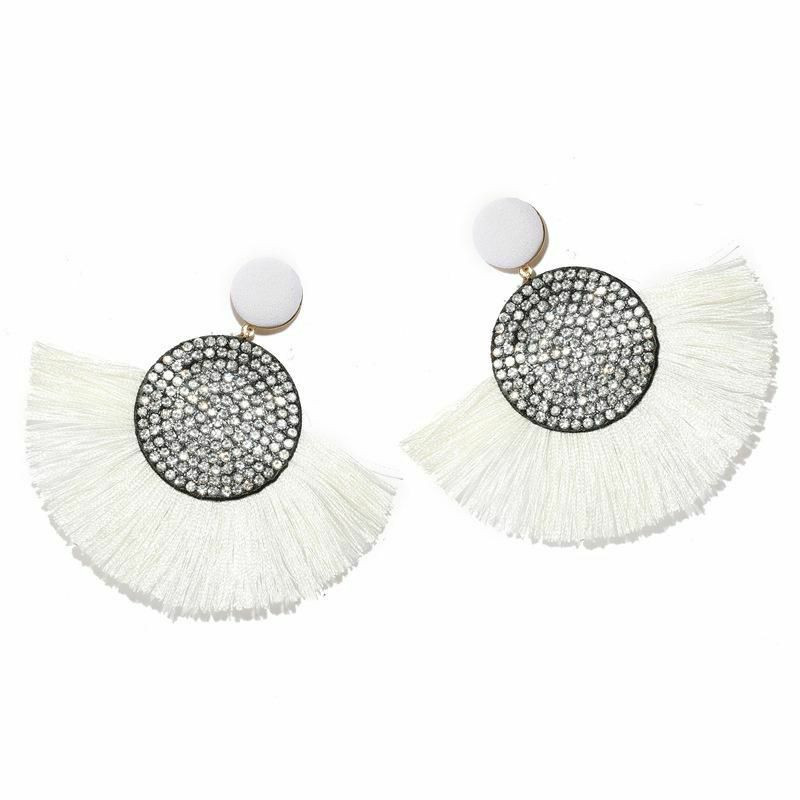 Polyesterové náušnice Tassel White Round Clear Rhinestone 1 pár