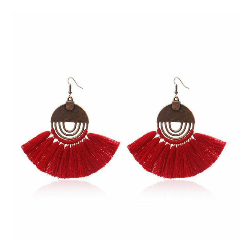 Polyesterové náušnice Antické mědi Red Fan-shaped Round 80mm x 30mm 1 Pair