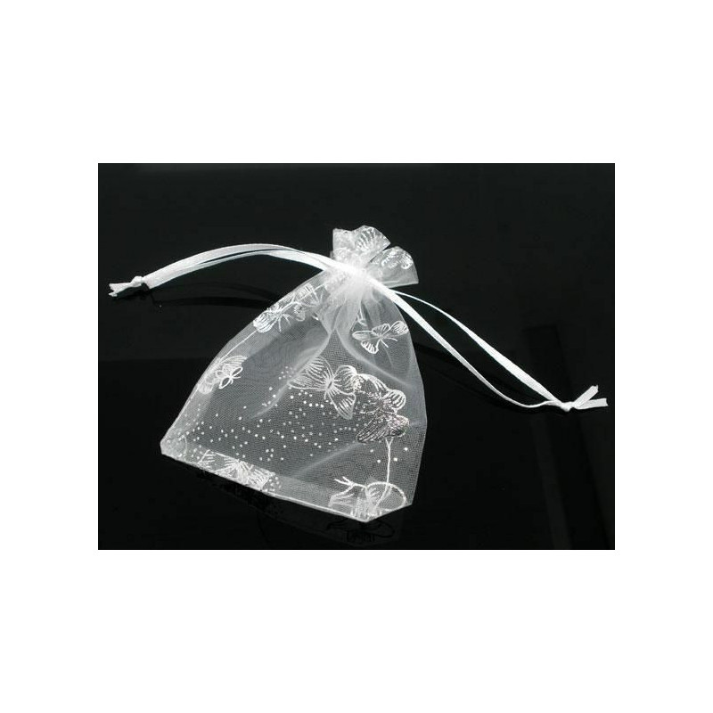 Organza Šperky Drawstring Obdélníkové Bílé Motýli Vzor 9cm x7cm (3 4/8" x2 6/8"), 100 ks