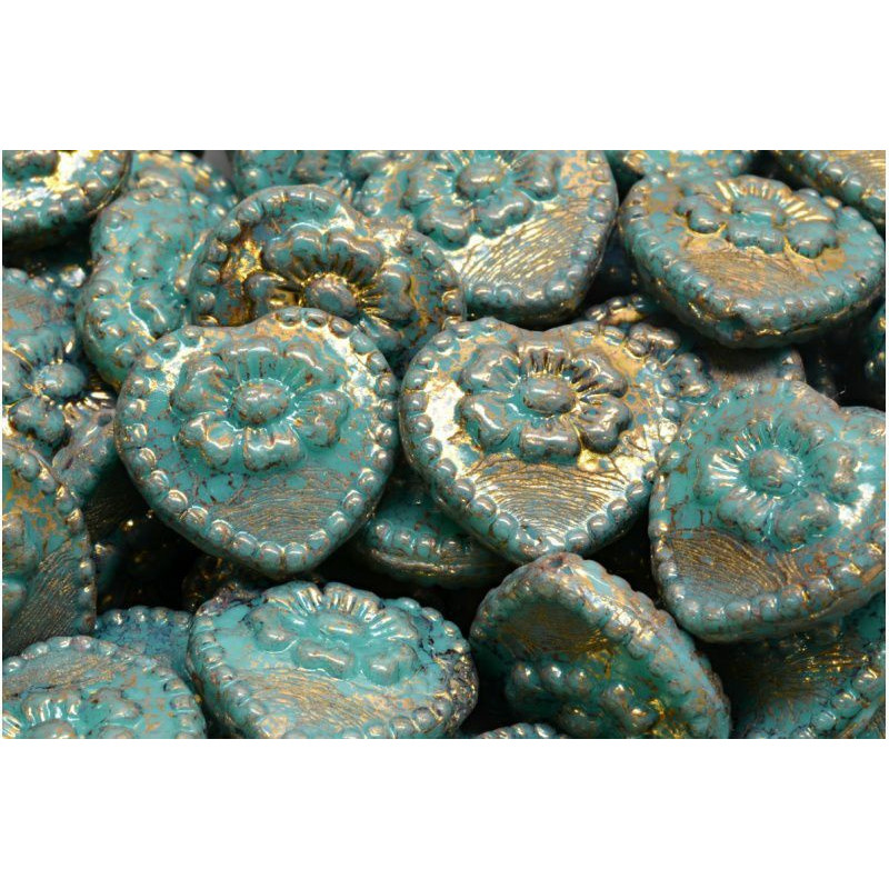 4ks Opaque Turquoise Green Terracotta Bronzové srdce Beads české skleněné Beads 17mm