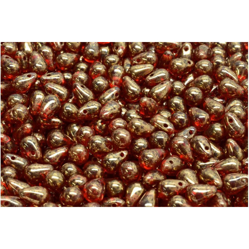 40ks Crystal Ruby Red terakota Bronze Teardrop české skleněné korálky 4mm x 6mm