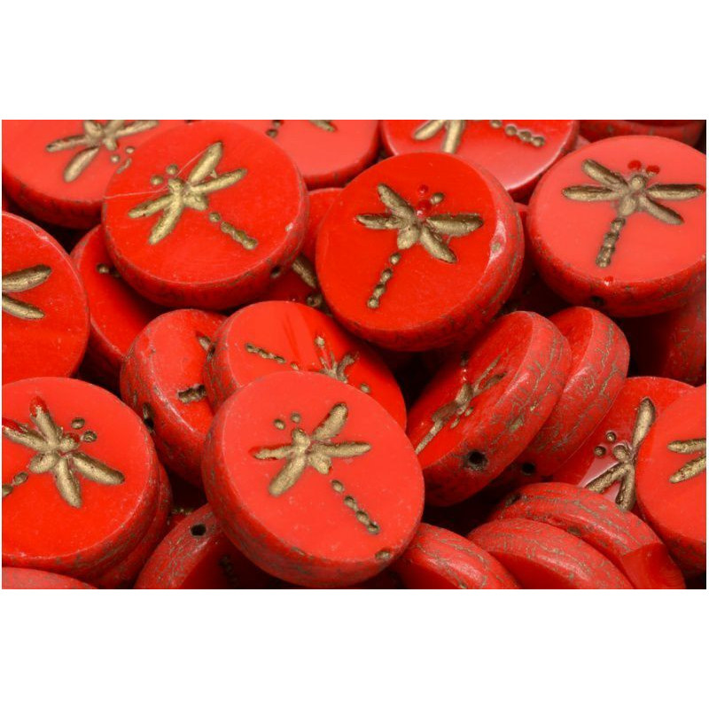 4 ks Opaque Coraline Coral Red Matte Gold Patina Wash Coin české skleněné vločky 17mm