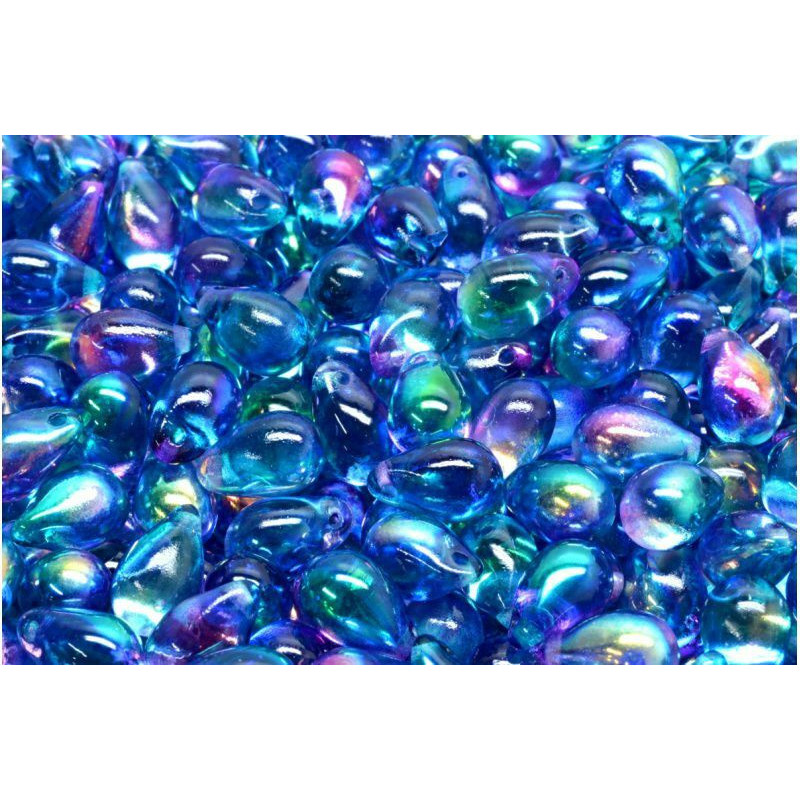 20 ks Crystal Alaska Blue Purple Green Ab Teardrop české skleněné vločky 6mm x 9mm