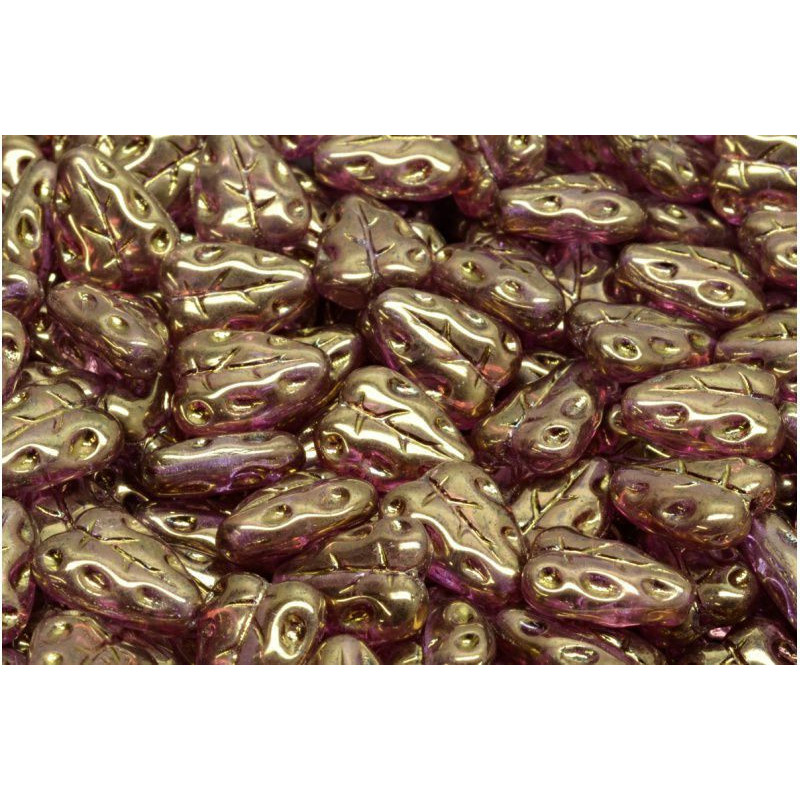 16 ks kovové krystalové purpurové zlaté lesklé listy české skleněné vločky 12mm x 7mm