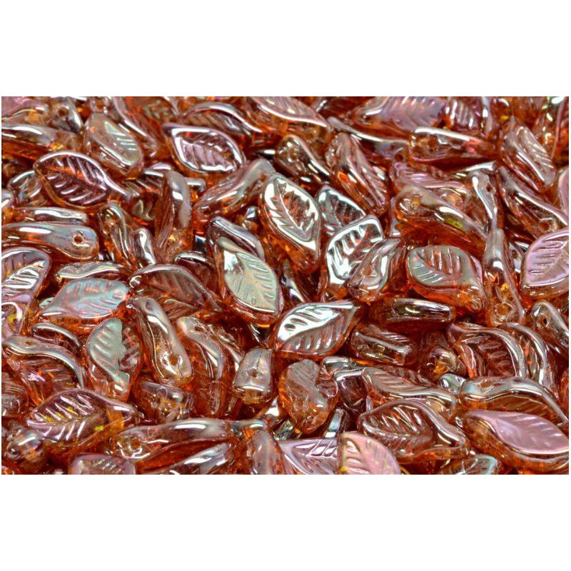 16 ks Crystal Apricot Orange Brown AB Leaf české skleněné vločky 6mm x 12mm