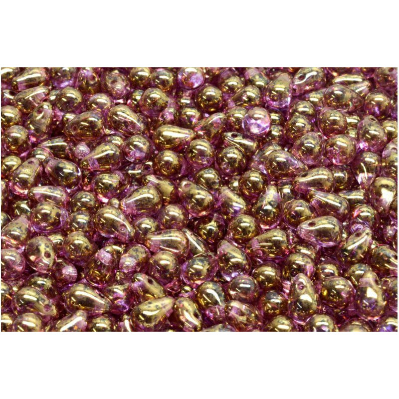 40 ks Picasso Crystal Purple Gold Luster Teardrop české skleněné vločky 4mm x 6mm