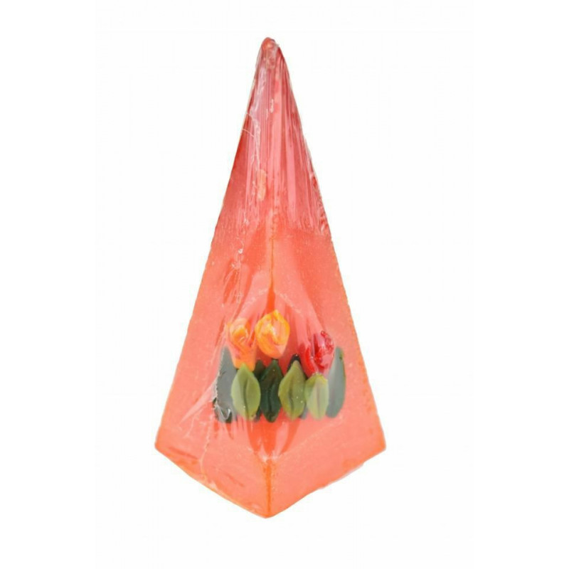 Svíčka pyramida červená s tulipány 14, 5x6x6 cm