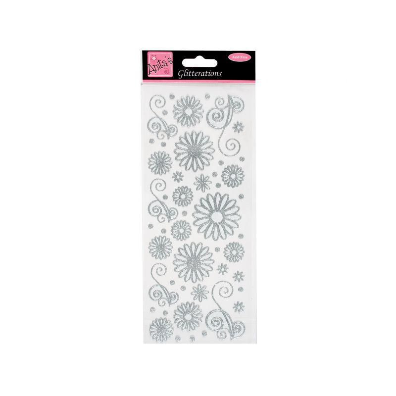 WEST DESIGN PRODUCTS LIMITED Samolepky třpytivé 10x23cm Květiny stříbrné, , washi pásky papír scrapbooking