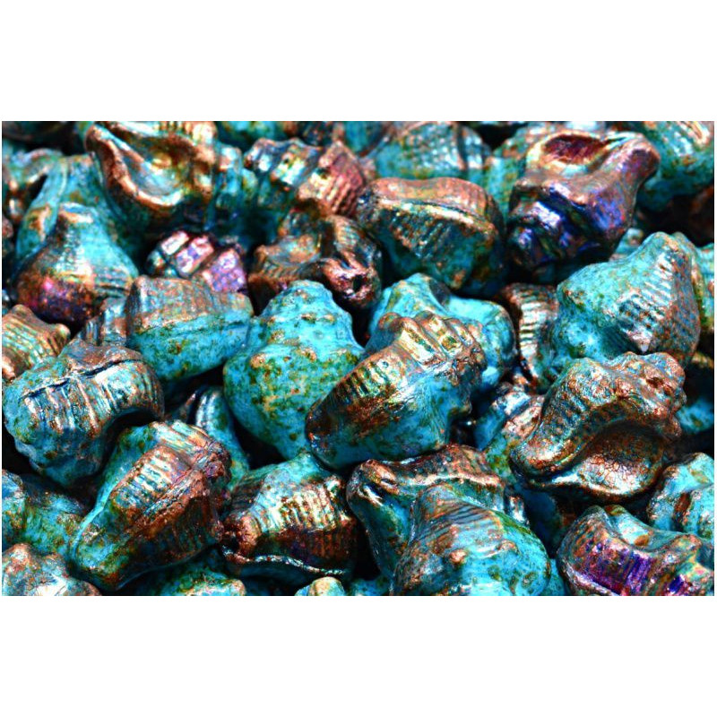 4ks Metallic Dichroic Turquoise Green Bronze Patina Murex Shell Sea Seashell Beads Květinové Beads Česká sklo 15mm x 12mm