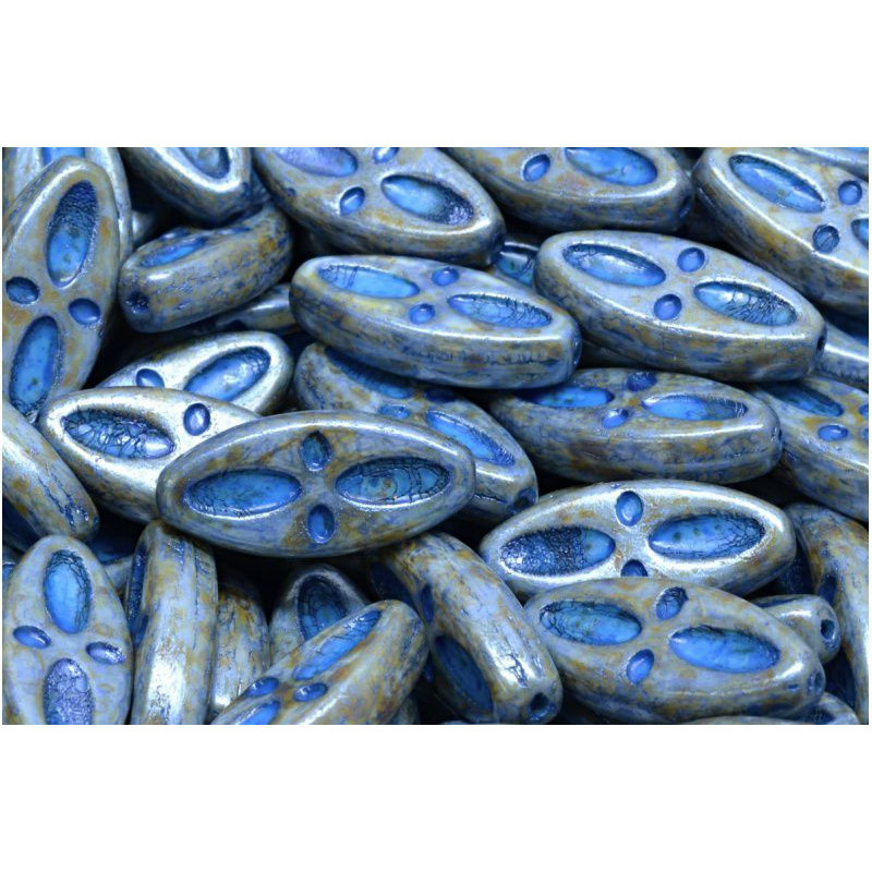 4ks Picasso Blue Dark Blue Patina Wash Eyed Ship Beads Kulaté Beads Oválné Beads Česká skleněné Beads 20mm x 09 Mm