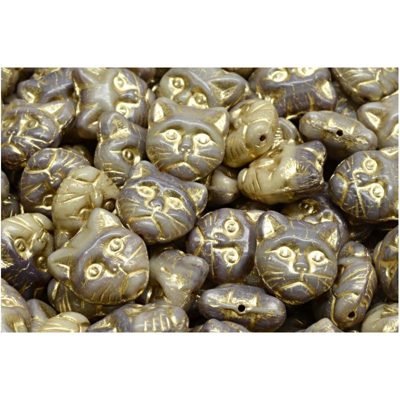 6 ks Beige Gold Patina Cat Head Beads Zvířecí české sklo 13mm